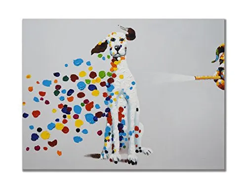 SEVEN WALL ARTS - 100% HAND PAINTED OIL PAINTING ANIMAL MISCHIEVOUS DOG FUNNY ARTWORK FOR HOME DECOR (24X36 INCH, BLOWING BUBBLES)