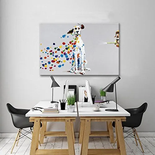 SEVEN WALL ARTS - 100% HAND PAINTED OIL PAINTING ANIMAL MISCHIEVOUS DOG FUNNY ARTWORK FOR HOME DECOR (24X36 INCH, BLOWING BUBBLES)