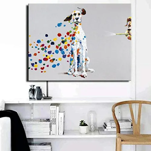 SEVEN WALL ARTS - 100% HAND PAINTED OIL PAINTING ANIMAL MISCHIEVOUS DOG FUNNY ARTWORK FOR HOME DECOR (24X36 INCH, BLOWING BUBBLES)