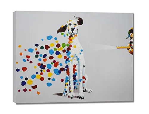 SEVEN WALL ARTS - 100% HAND PAINTED OIL PAINTING ANIMAL MISCHIEVOUS DOG FUNNY ARTWORK FOR HOME DECOR (24X36 INCH, BLOWING BUBBLES)