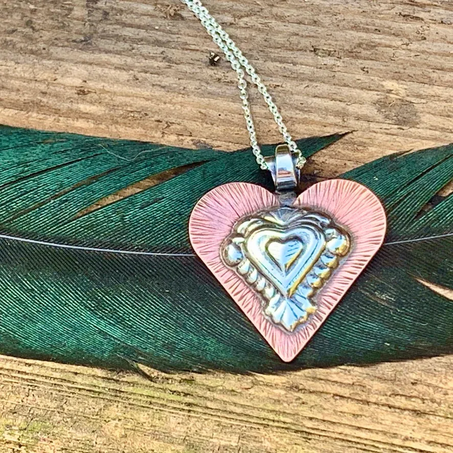 Silver and copper heart necklace