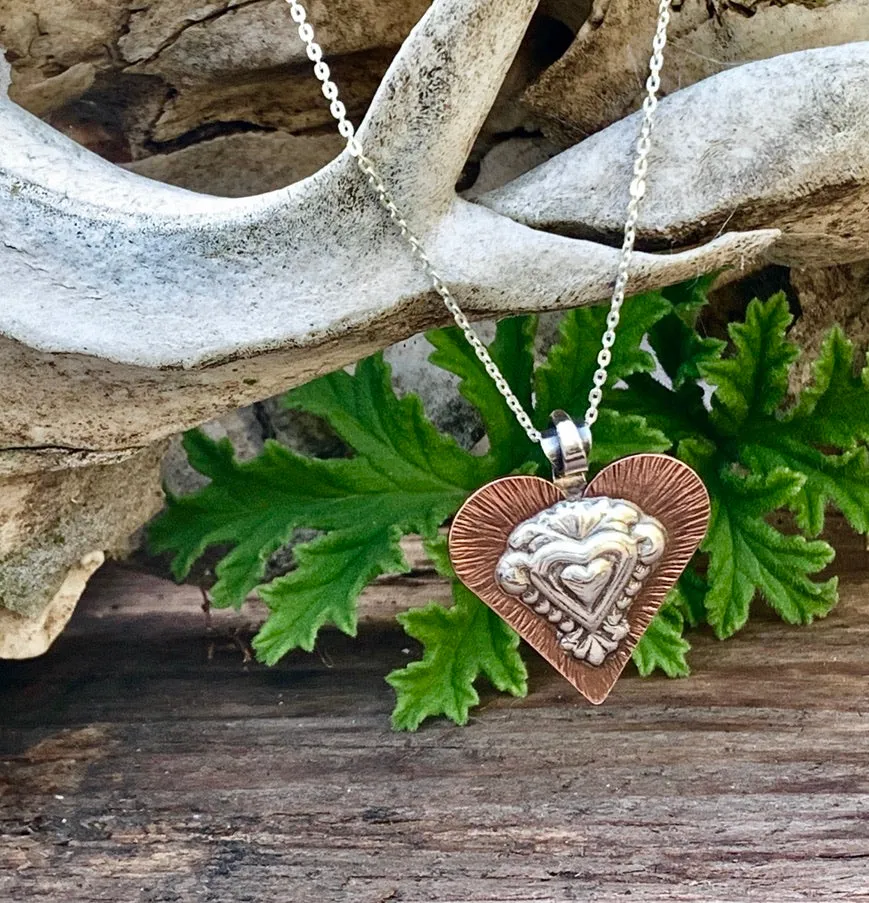 Silver and copper heart necklace