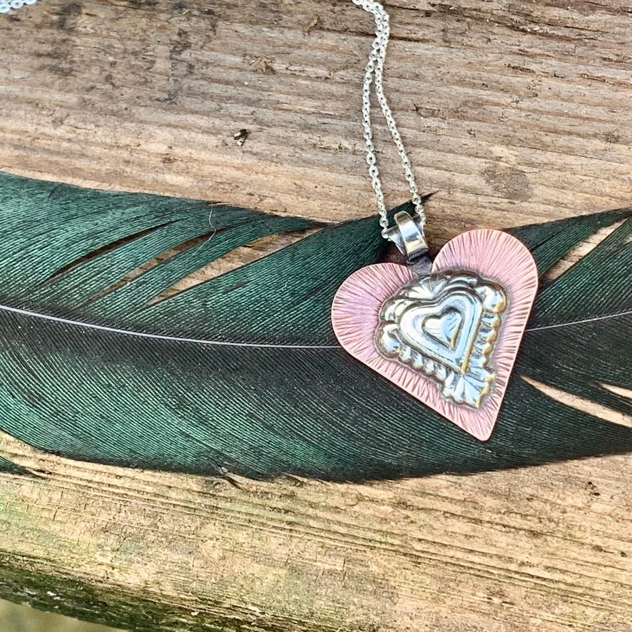 Silver and copper heart necklace