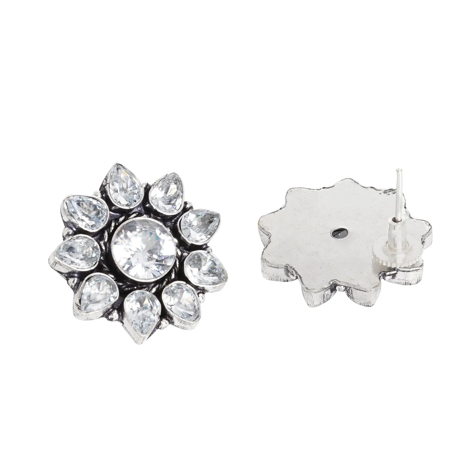 Teejh Hrida White Stone Silver Oxidised Stud Earrings