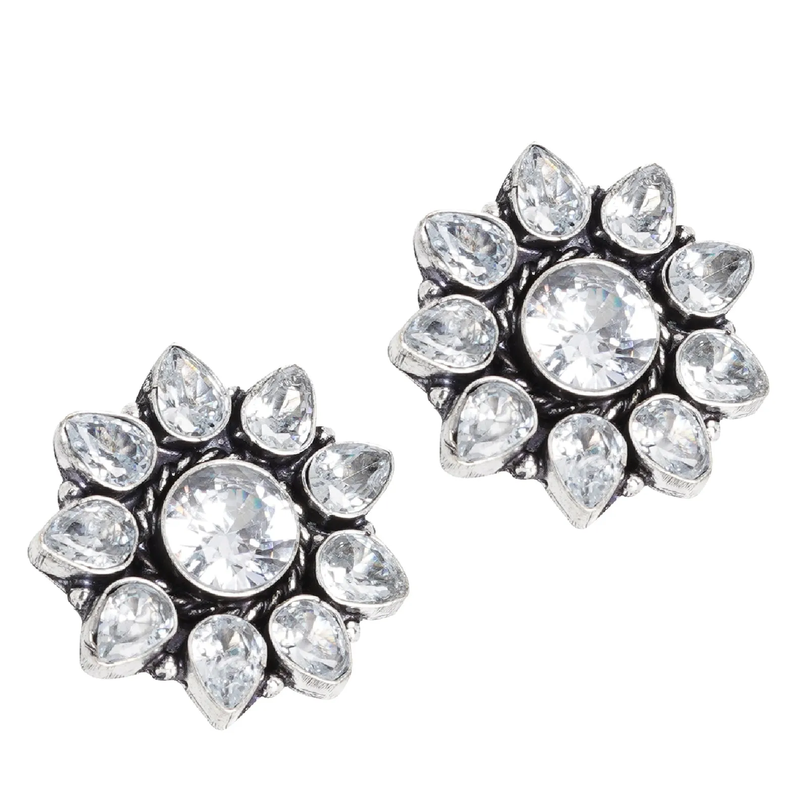 Teejh Hrida White Stone Silver Oxidised Stud Earrings