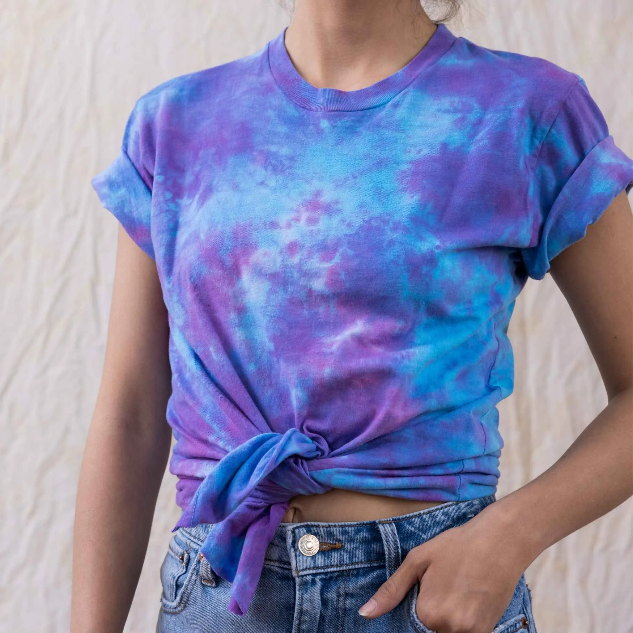 Violet sky blue vibrant cotton tie dye tee with a watercolor aesthetic