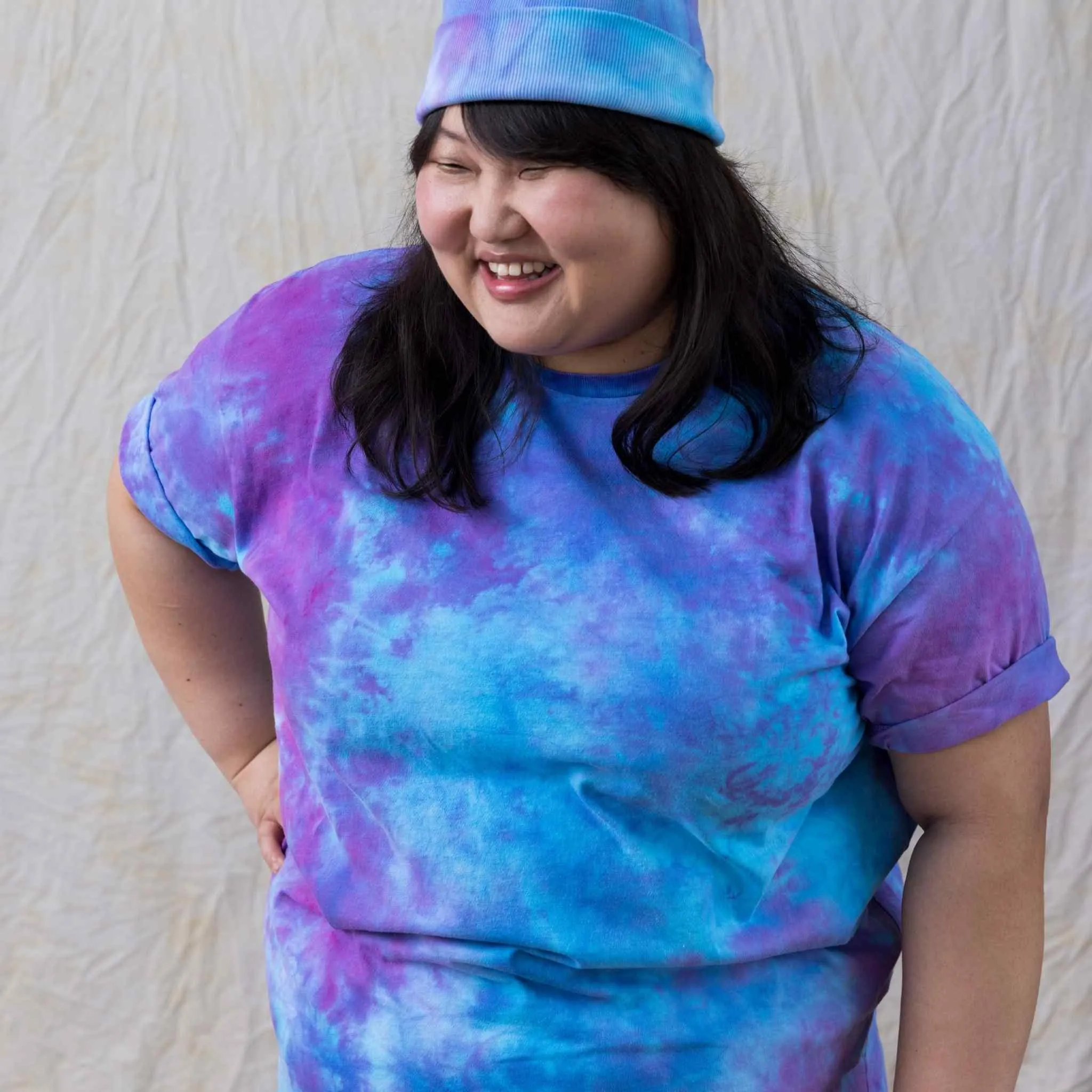 Violet sky blue vibrant cotton tie dye tee with a watercolor aesthetic