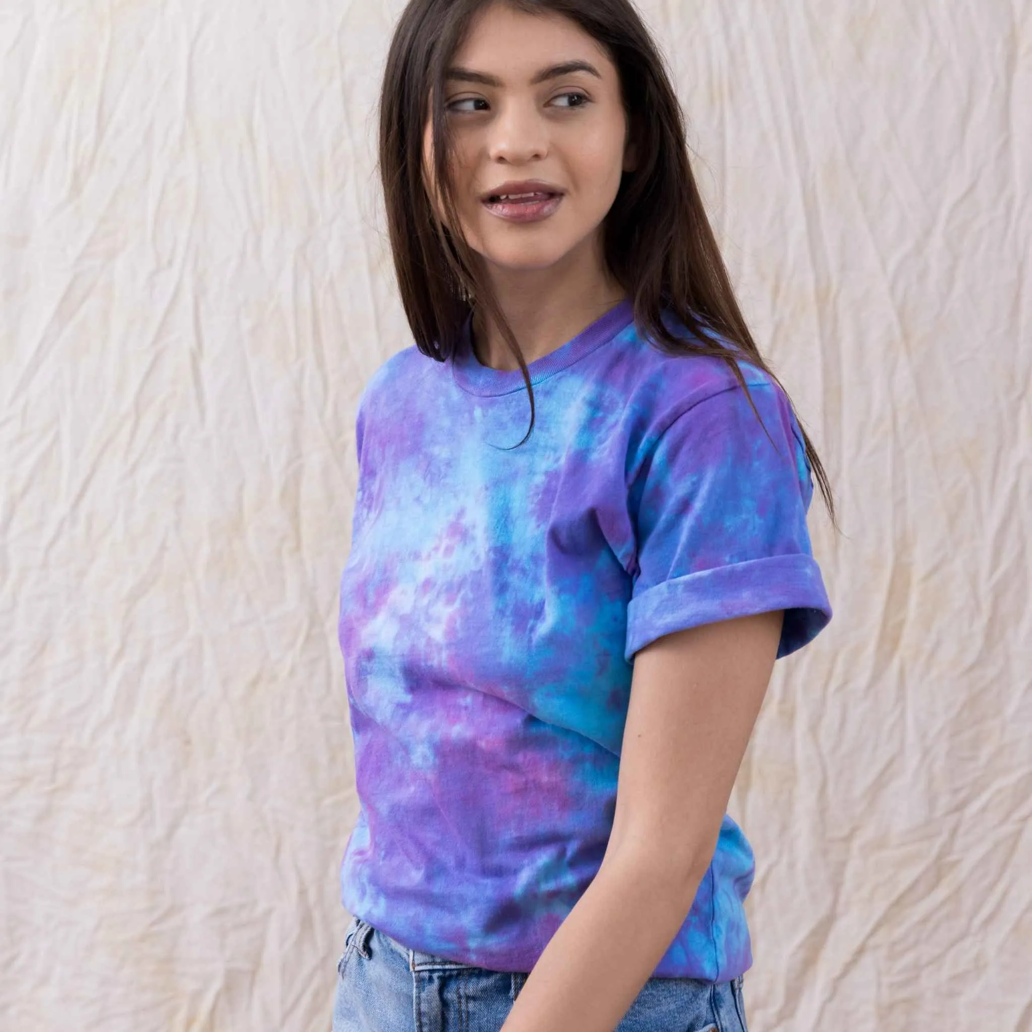 Violet sky blue vibrant cotton tie dye tee with a watercolor aesthetic